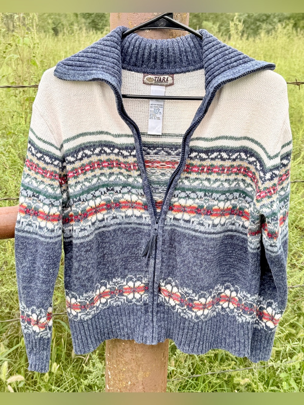 Vintage 2004 Tiara International Fair Isle Full Zip Sweater Womens Medium